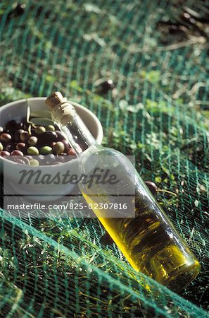 Olives et bouteille d'huile d'olive