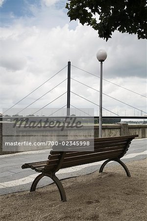 Bench and Lampost on Promenade, Rhine River, Dusseldorf, North Rhine-Wesphalia, Germany