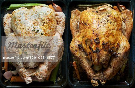 Close-up of Raw and Cooked Turkey Side by Side