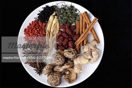Still life of natural items such as cinnamon sticks, ginger root, mushrooms, star anise, etc.