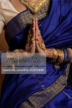 Torso of Indian woman wearing sari and jewelry