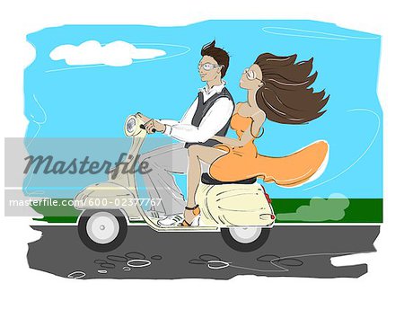 Illustration of Couple on Scooter