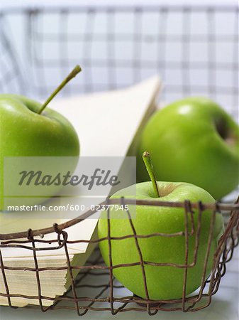 Green Apples and Envelopes in Wire Tray