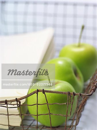 Green Apples and Envelopes in Wire Tray