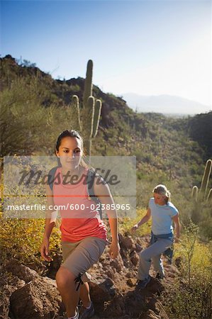 Two Women Hiking, Saguaro National Park, Tucson, Arizona USA