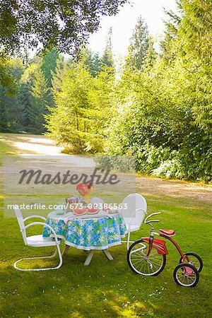 Breakfast table and a tricycle in a garden