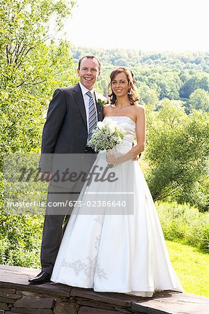 Newlywed couple standing together East Meredith, New York State, USA