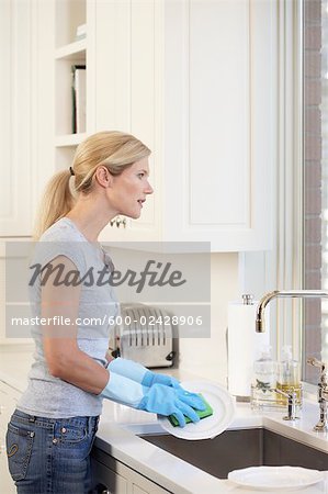 Woman Washing Dishes in Kitchen