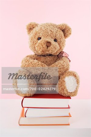 Porträt von Teddybär sitzend auf Bücher