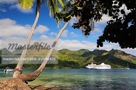 Ferry dans la baie, baie d'Opunohu, Moorea, Polynésie française