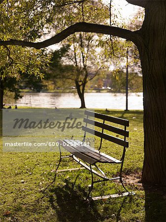 Empty Park Bench by Water, Stratford, Ontario, Canada