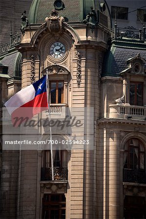 Clock and Flag of Chile on Historical Building, Santiago, Chile