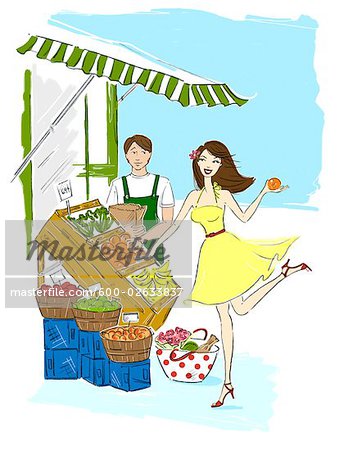 Illustration of Woman Flirting with Grocer