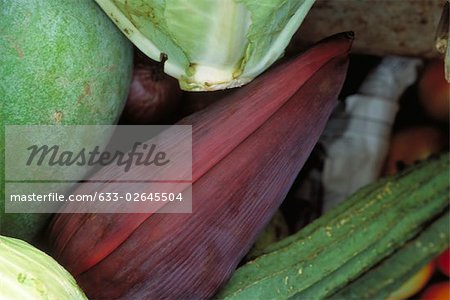 Banana flower and assorted vegetables, close-up