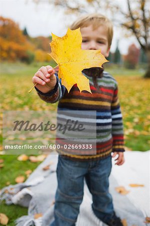 Kleiner Junge hält ein Ahornblatt im Herbst, Portland, Oregon, USA