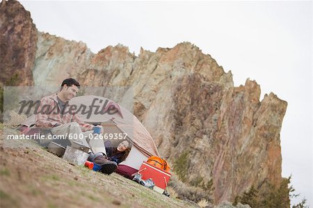 Couple Camping at Smith Rock State Park in Autumn, Bend, Oregon, USA