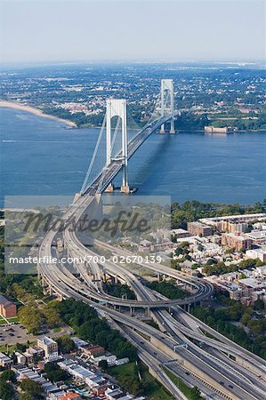 Aerial View of the Verrazano Narrows Bridge From Brooklyn to Staten Island, at Sunrise, New York City, New York, USA