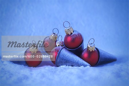 Red Christmas Ornaments Inside Antique Pastry Decorating Tips