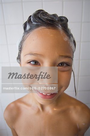 Girl in Shower with Shampoo in Hair