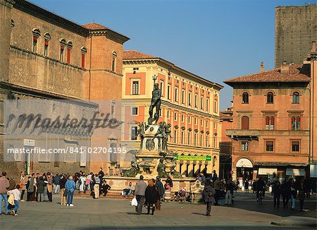 A statue of Neptune on the fountain in the Piazza Nettuno in the city of Bologna, Emilia-Romagna, Italy, Europe