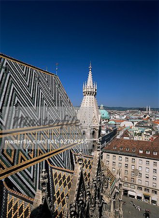 The Stephansdom (cathedral of St. Stephen), tiled roof and skyline, Vienna, Austria, Europe