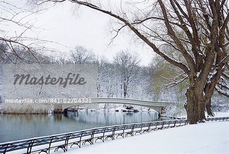 The Bow Bridge in Central Park after a snowstorm, New York City, New York, United States of America