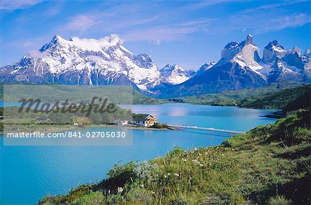 Chile, Patagonia, Torres Del Paine National Park From Lago Pehoe With Hosteria (Hotel) Pehoe. Cerro Paine Grande, 3050m (Left) Cuernos Del Paine 2600m (Right)