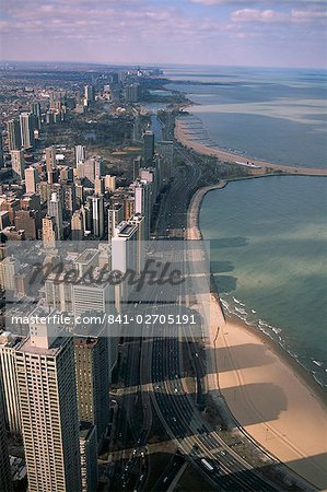 View north along shore of Lake Michigan from John Hancock Center, Chicago, Illinois, United States of America (U.S.A.), North America