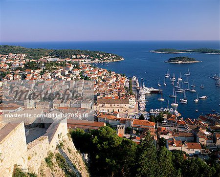 Elevated view of town and harbour, Hvar Town, Hvar Island, Dalmatia, Croatia, Europe