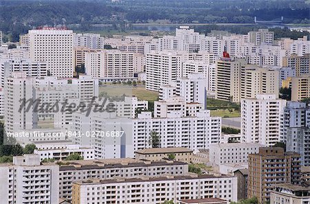 Aerial view of city skyline with blocks of flats rebuilt since 1950s war, Pyongyang, North Korea, Asia
