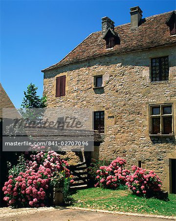 Hydrangeas and fuscia in front of one of the houses in the medieval village of Loubressac, in Lot, Midi Pyrenees, France, Europe