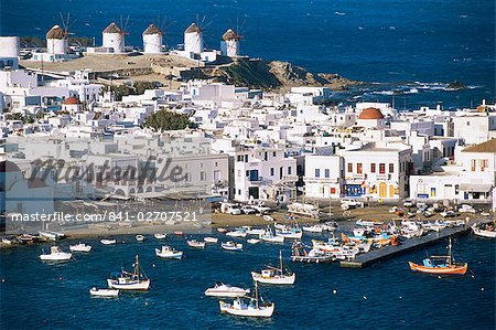 Town, harbour and windmills, Mykonos town, island of Mykonos, Cyclades, Greece, Europe