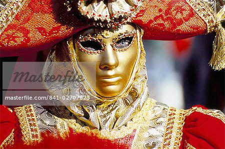 Portrait of a person dressed in mask and costume taking part in Carnival, Venice Carnival, Venice, Veneto, Italy, Europe