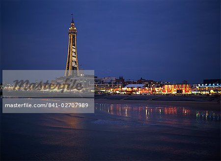 The Blackpool Tower illuminated at dusk, Blackpool, Lancashire, England, United Kingdom, Europe