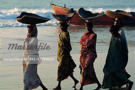 Femmes utilisant des carapaces de tortues pour transporter des poissons sur leur têtes, Puri, l'Etat d'Orissa, en Inde, Asie