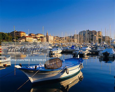 View across harbour to town and citadel, Calvi, Corsica, France, Europe