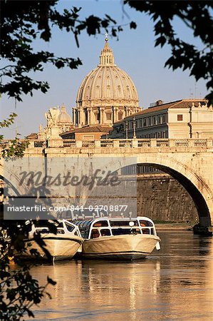 Pleasure boats on the River Tiber near the Ponte Sant'Angelo, with St. Peter's Basilica behind, Rome, Lazio, Italy, Europe