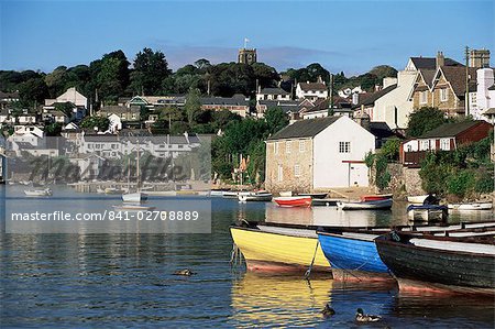 View across water from Noss Mayo to the village of Newton Ferrers, near Plymouth, Devon, England, United Kingdom, Europe