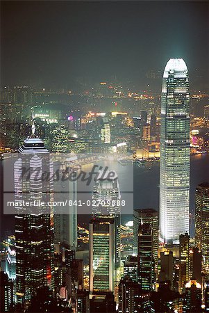 Hong Kong skyline at night with the Center on left, and 2IFC Building on right, Hong Kong, China, Asia