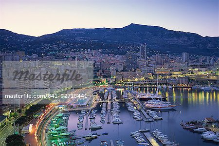 The marina, waterfront and town of Monte Carlo in the evening, Monaco, Mediterranean, Europe