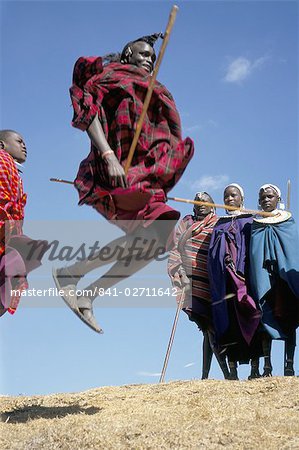 Masai warriors perform jumping dance, Masai Mara National Park, Kenya, East Africa, Africa