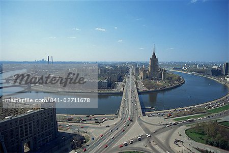 Aerial view over large river meander through Moscow, Russia, Europe