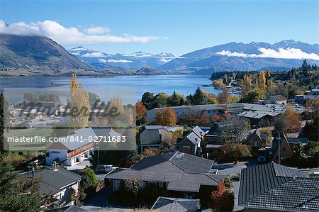 View over town to lake, Lake Wanaka, Otago, South Island, New Zealand, Pacific