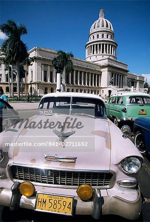 Parliament House and 1950s American cars, Havana, Cuba, West Indies, Central America