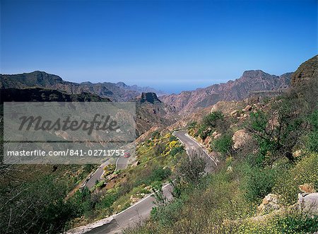 Hairpin bends on road to El Espinillo, Roque Bentaiga, Gran Canaria, Canary Islands, Spain, Europe