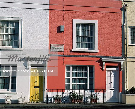 Exterior facade of colourful terraced houses, Chelsea, London, England, United Kingdom, Europe