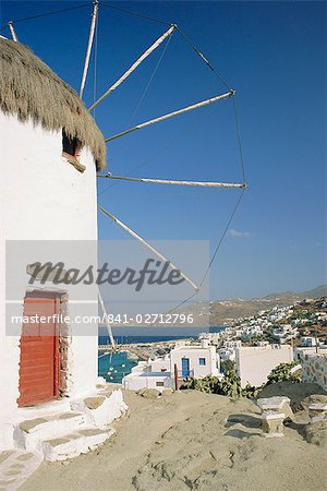 View of the town from the upper windmills, Mykonos, Cyclades Islands, Greece, Europe