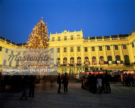 Christmas tree in front of Schonbrunn Palace at dusk, UNESCO World Heritage Site, Vienna, Austria, Europe