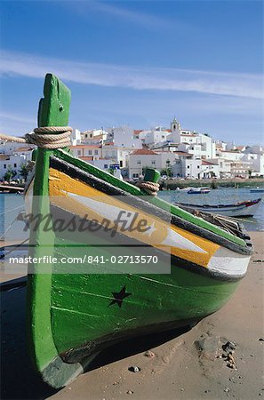 Fishing boat and village near Portimac, Ferragudo, Algarve, Portugal, Europe