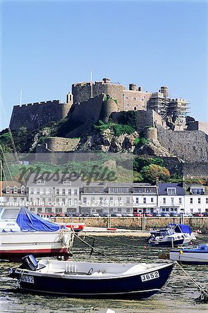 Mount Orgueil Castle and harbour, Gorey, Grouville, Jersey, Channel Islands, United Kingdom, Europe